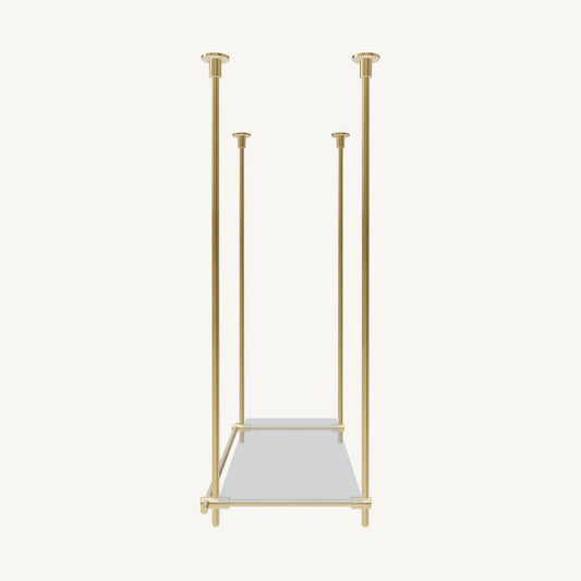 Custom ceiling-mounted solid brass shelving frame, 1 shelf, 1 section, side view, unlacquered satin brass finish, glass not included, BrassShelf