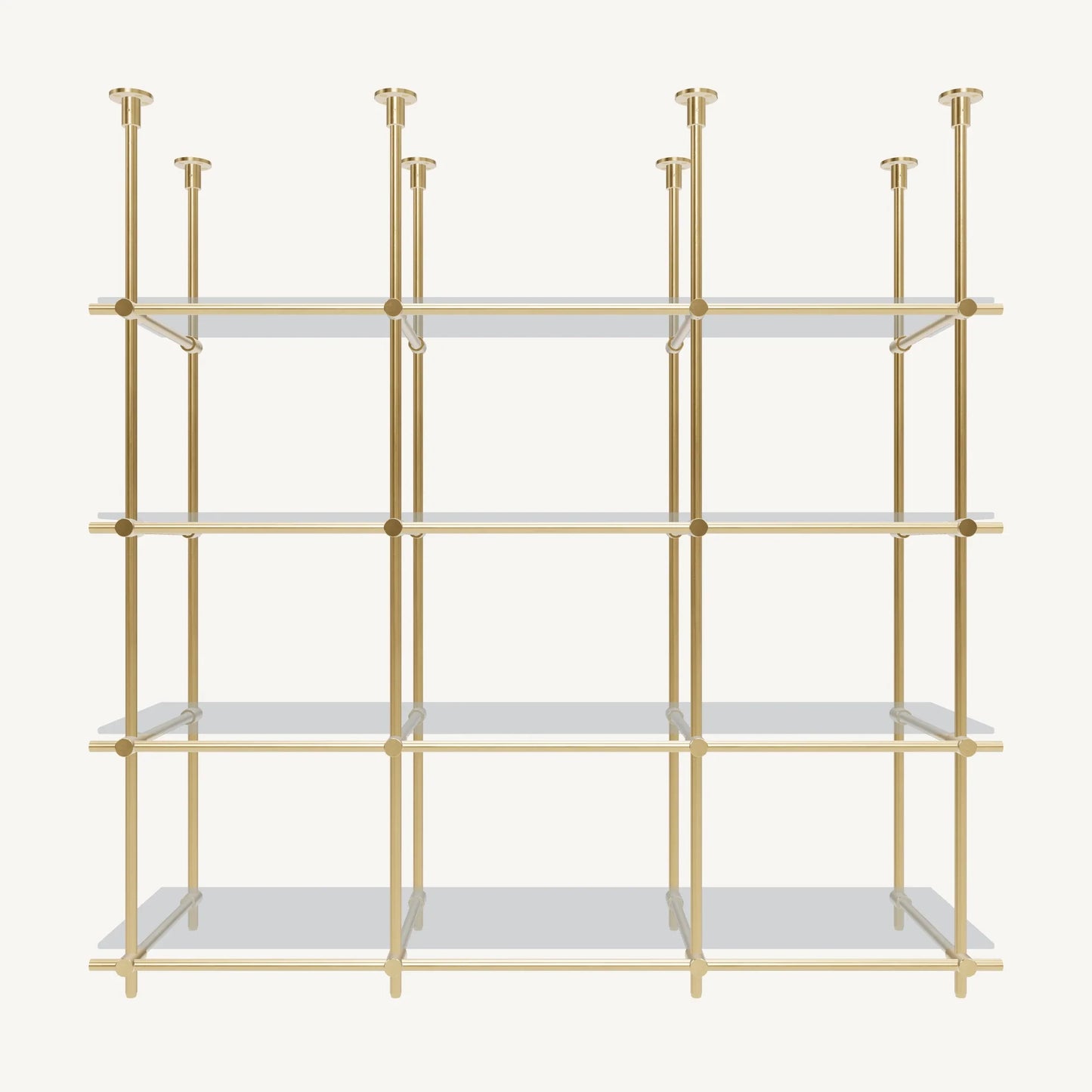 Custom ceiling-mounted solid brass shelving frame, 4 shelves 3 sections, front view, unlacquered satin brass finish, glass not included, BrassShelf