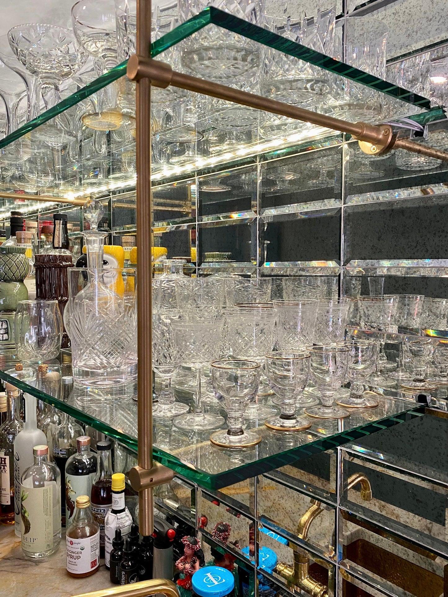 Modular brass bar shelving unit for home wet bar - Elegant and customizable modular brass bar shelving unit designed for home wet