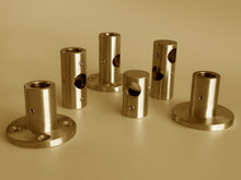 Load image into Gallery viewer, Unlacquered, solid brass shelf fittings and brackets for 5/8&quot; or 15/32&quot; diameter rods and pipes. 
