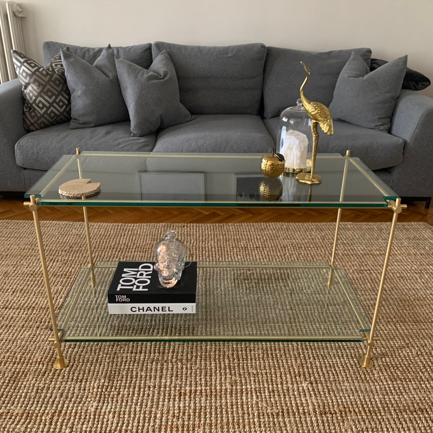 Custom solid brass residential shelving, freestanding, brushed brass, Atlanta, GA