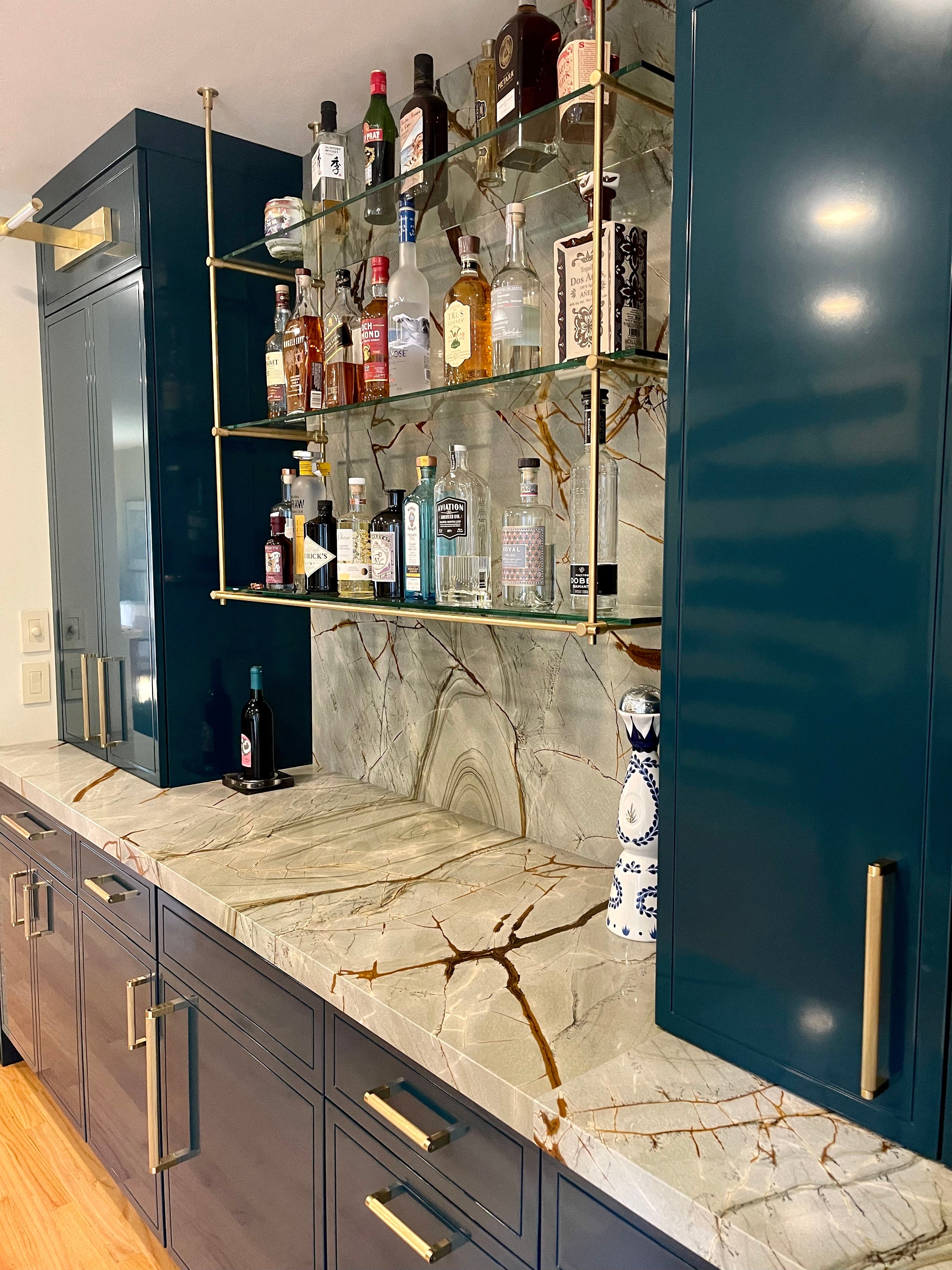 Brass shelving for home bar with integrated lighting - Functional and stylish brass shelving for home bars, featuring integrated lighting to showcase your finest spirits.