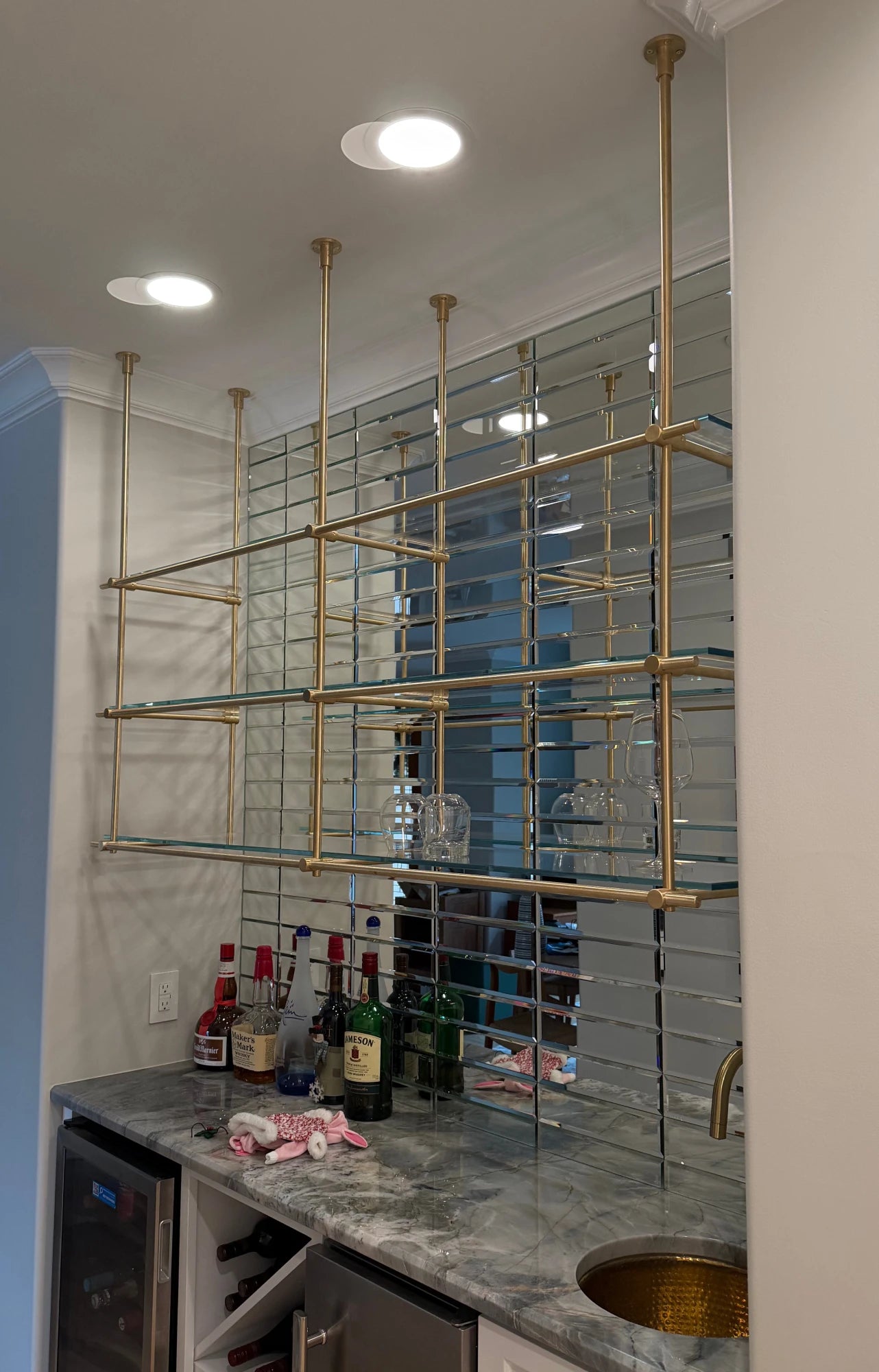 Custom Ceiling-Mounted Brass Shelving – Handmade & Adjustable