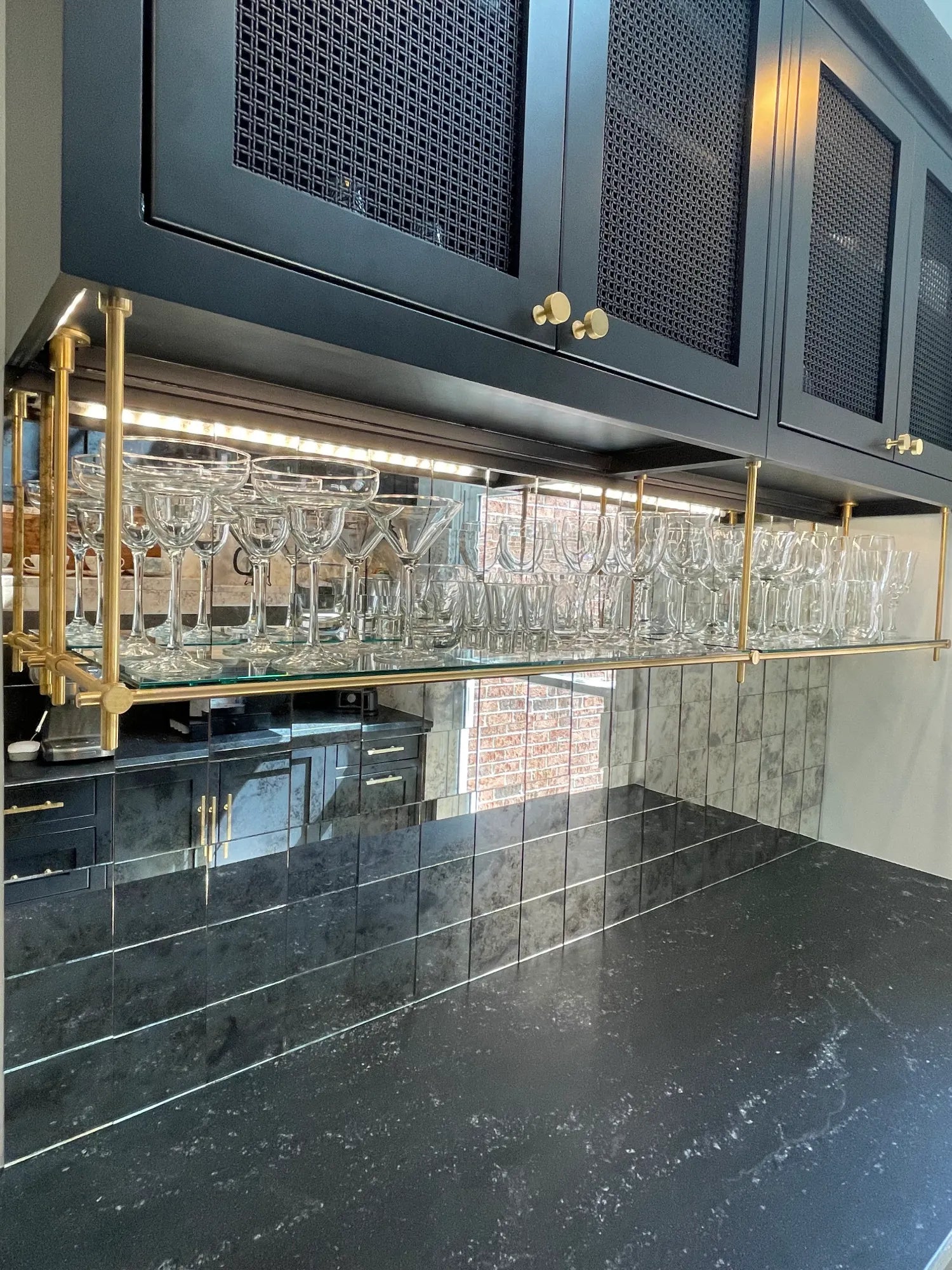 Custom brass ceiling shelf for open storage in a kitchen, solid brass, BrassShelf