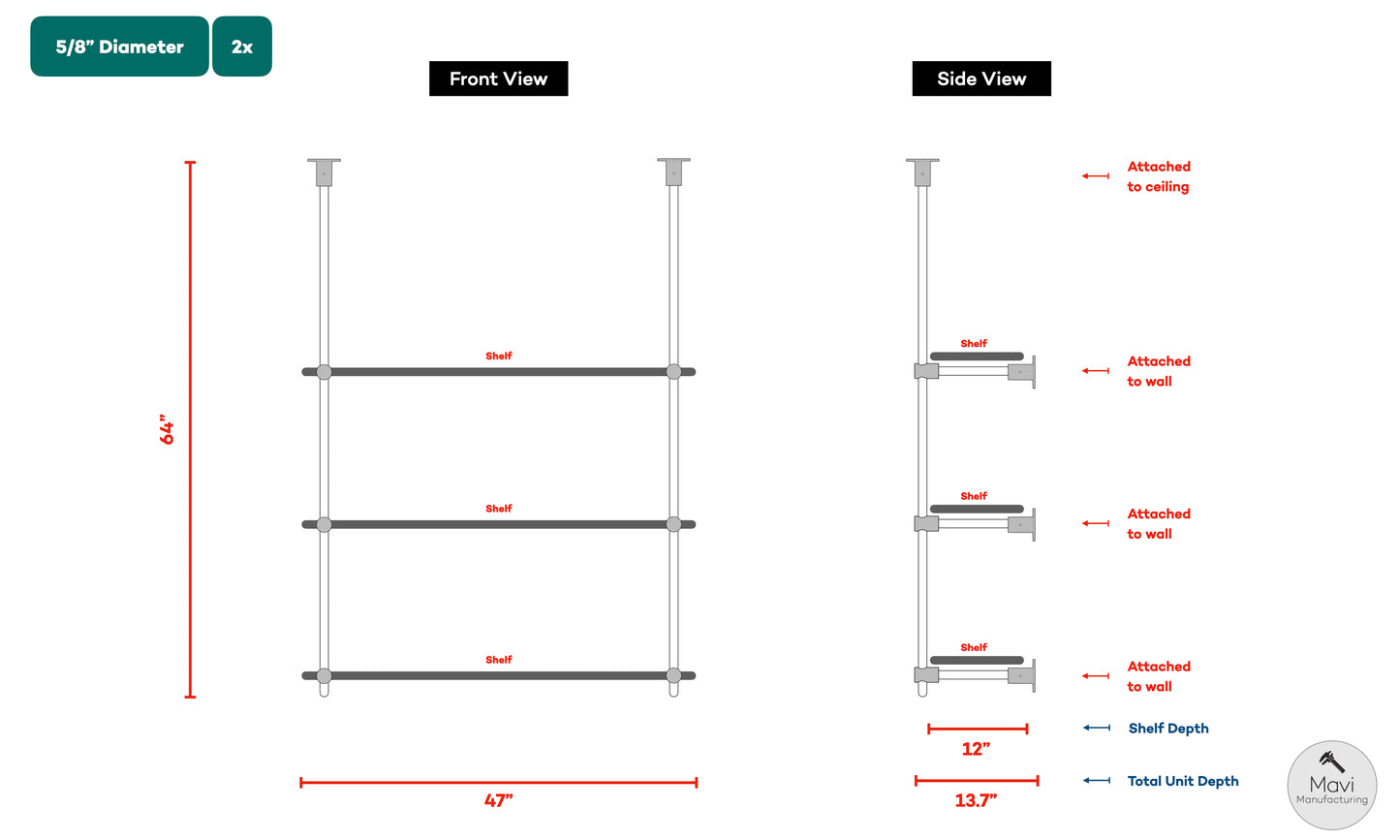 2 x Custom brass shelving units - 5/8"Dia. - Unlacquered Brushed Brass Finish (Judy Silva)