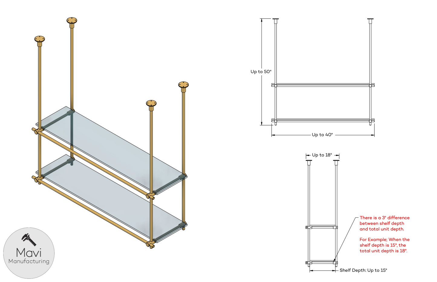 Technical drawing of the brass bars on a ceiling-mounted shelving unit, showcasing the polished or brushed brass finish, available in 15/32” or 5/8” diameter for extra durability.