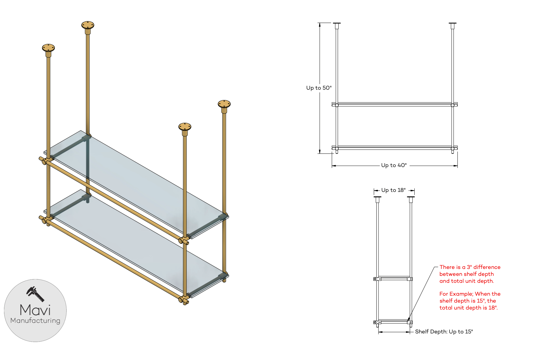 Technical drawing of the brass bars on a ceiling-mounted shelving unit, showcasing the polished or brushed brass finish, available in 15/32” or 5/8” diameter for extra durability.