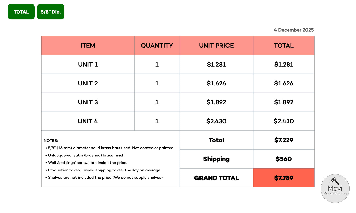 4x Custom brass shelving units - 5/8"Dia. - Unlacquered Brushed Brass Finish (Jackie Lewis)