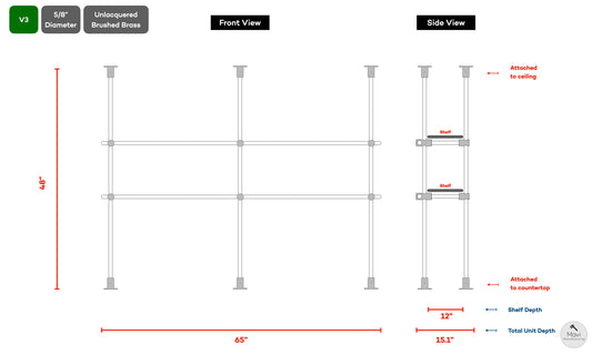 Custom brass shelving unit - 5/8"Dia. - Unlacquered Brushed Brass Finish (Kendall Harris)