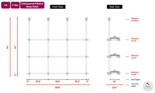 Custom brass shelving unit - 1"Dia. - Unlacquered Polished Brass Finish (Robert Van Dyke) (2x4y)