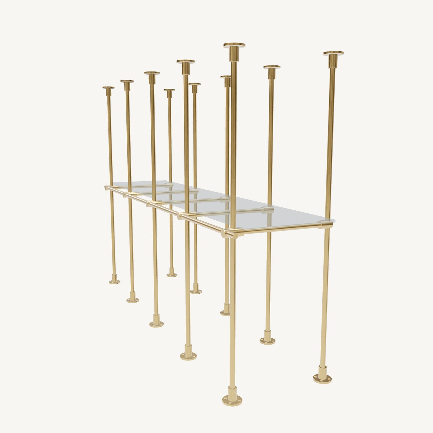 Floor/Countertop-to-Ceiling Brass Shelving System