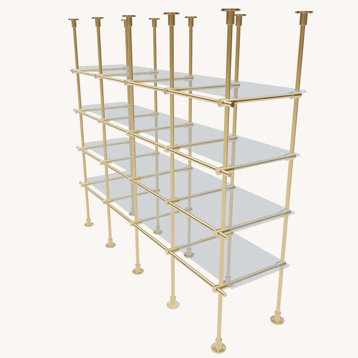 Floor/Countertop-to-Ceiling Brass Shelving System
