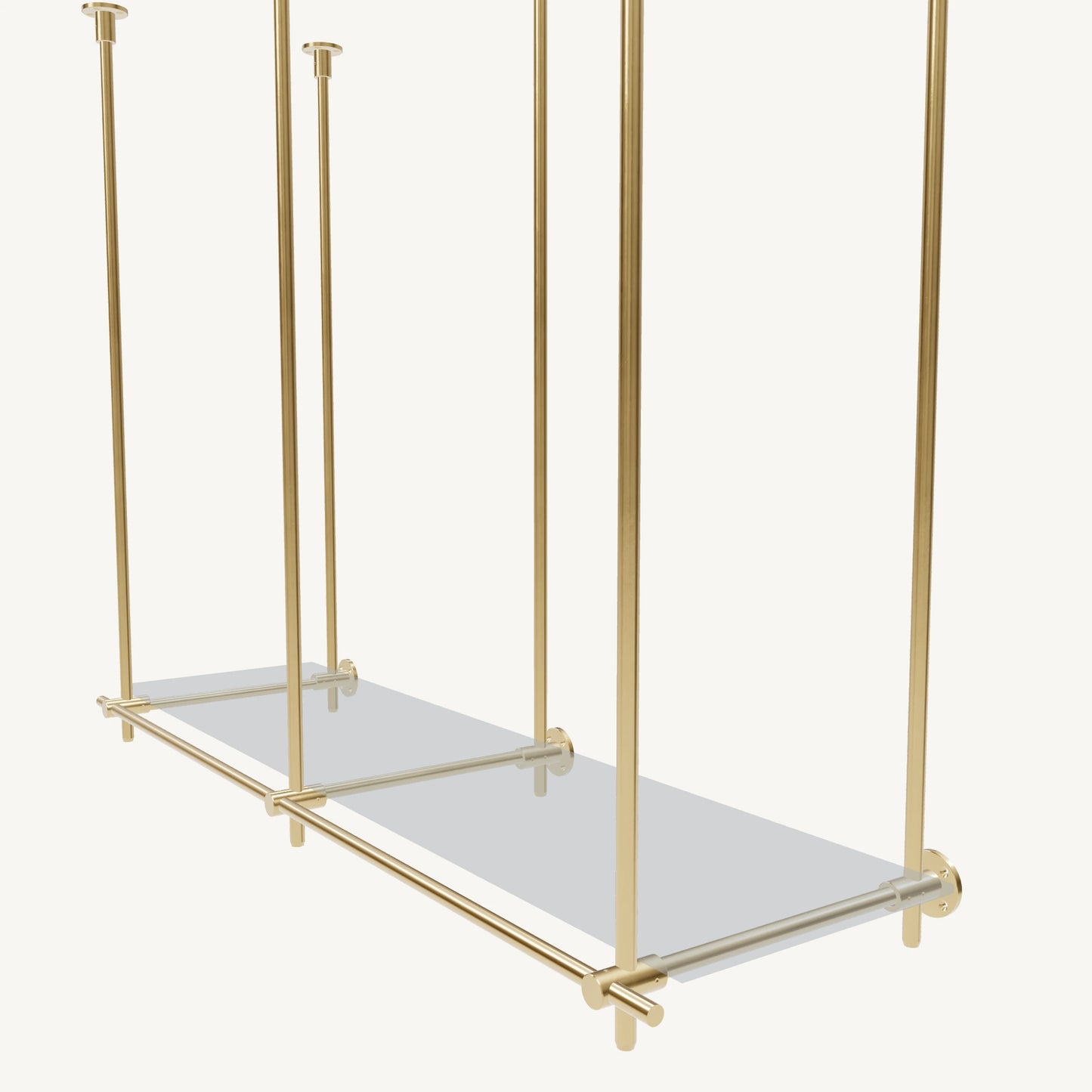 Ceiling-and-Wall Mounted Brass Shelving System