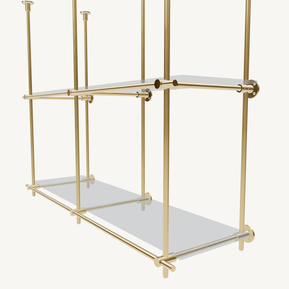 Ceiling-and-Wall Mounted Brass Shelving System