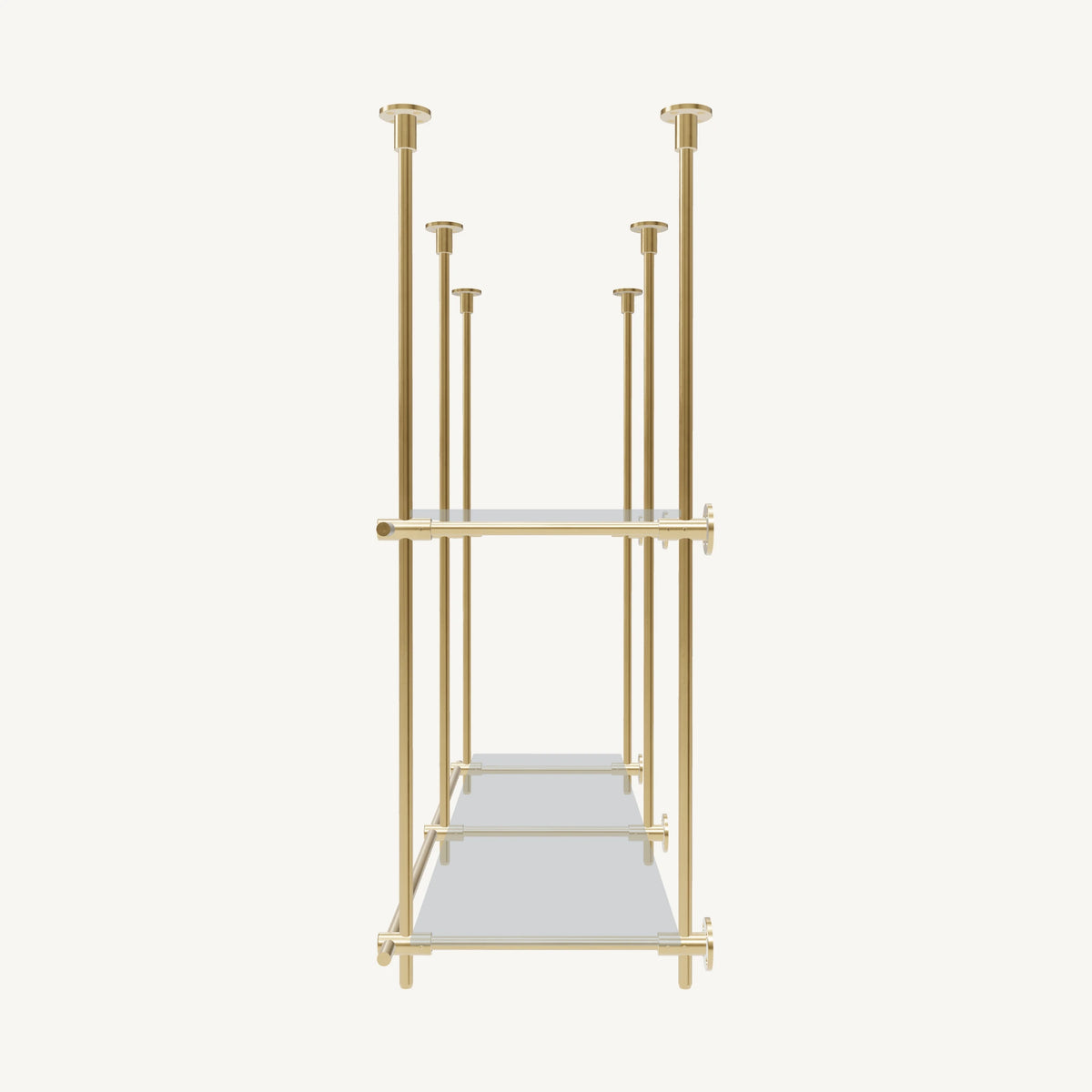 Ceiling-and-Wall Mounted Brass Shelving System