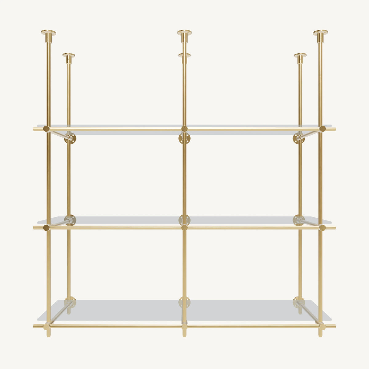 Ceiling-and-Wall Mounted Brass Shelving System
