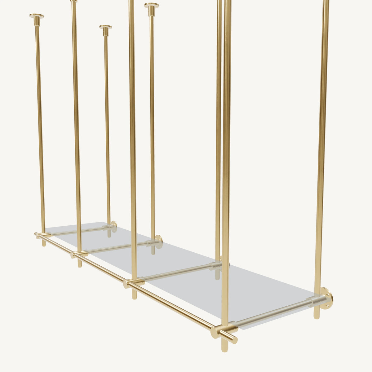 Ceiling-and-Wall Mounted Brass Shelving System