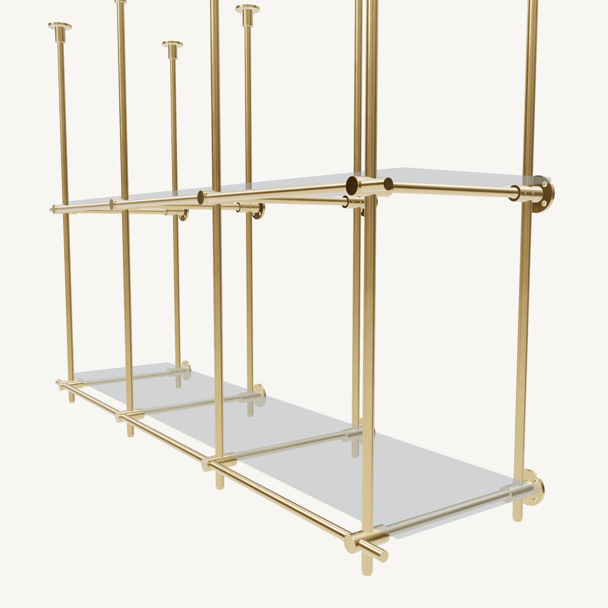 Ceiling-and-Wall Mounted Brass Shelving System