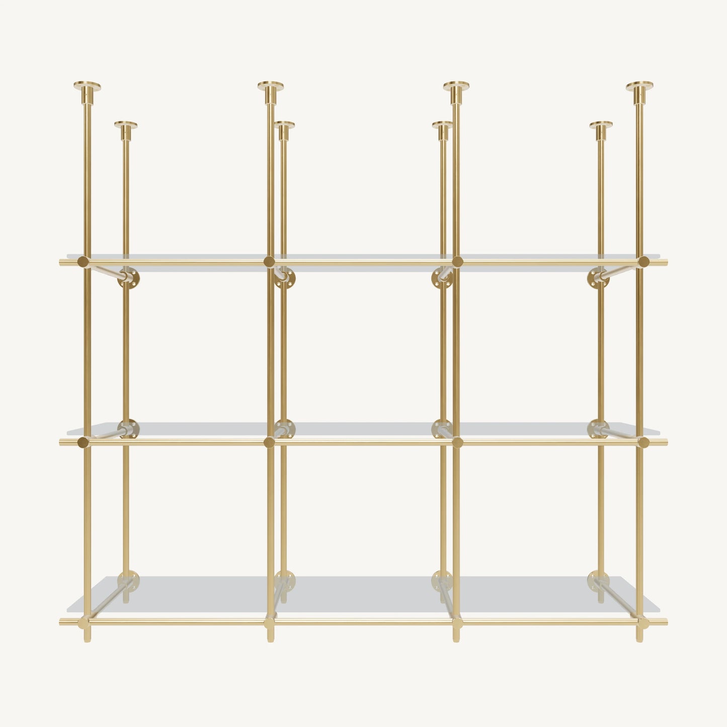 Ceiling-and-Wall Mounted Brass Shelving System