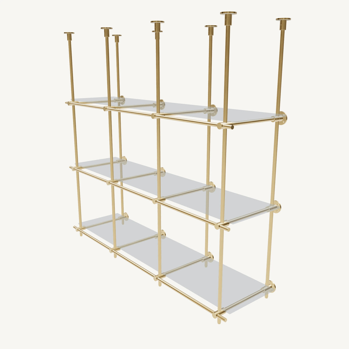 Ceiling-and-Wall Mounted Brass Shelving System