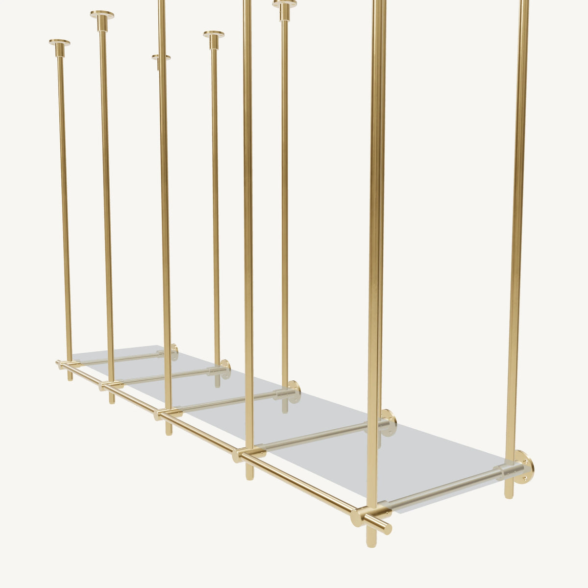 Ceiling-and-Wall Mounted Brass Shelving System