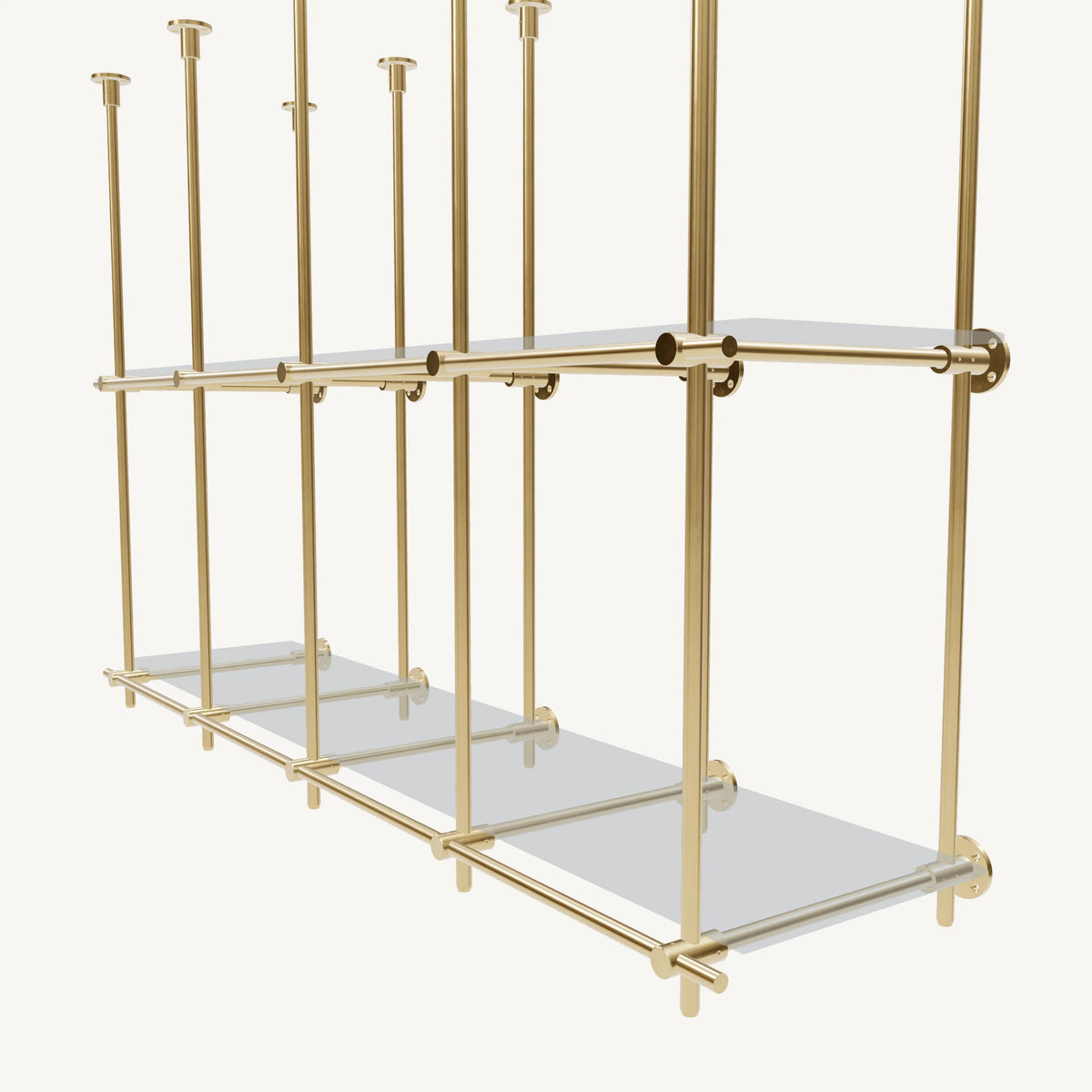 Ceiling-and-Wall Mounted Brass Shelving System