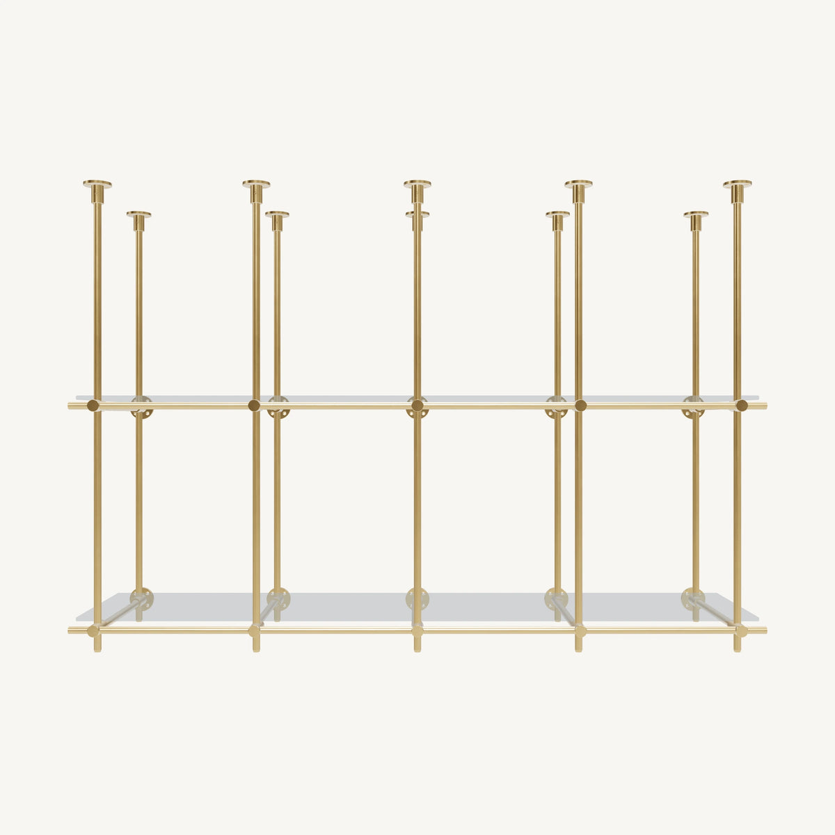Ceiling-and-Wall Mounted Brass Shelving System