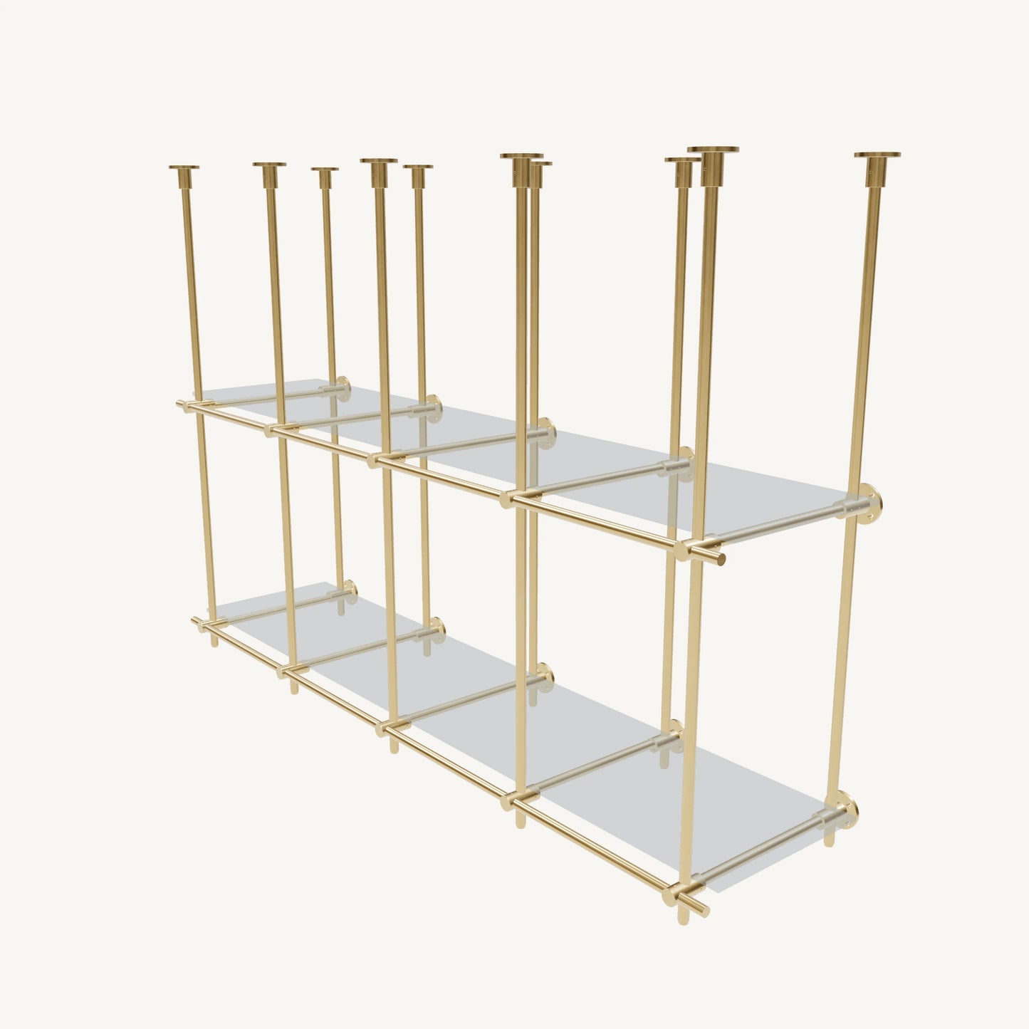 Ceiling-and-Wall Mounted Brass Shelving System