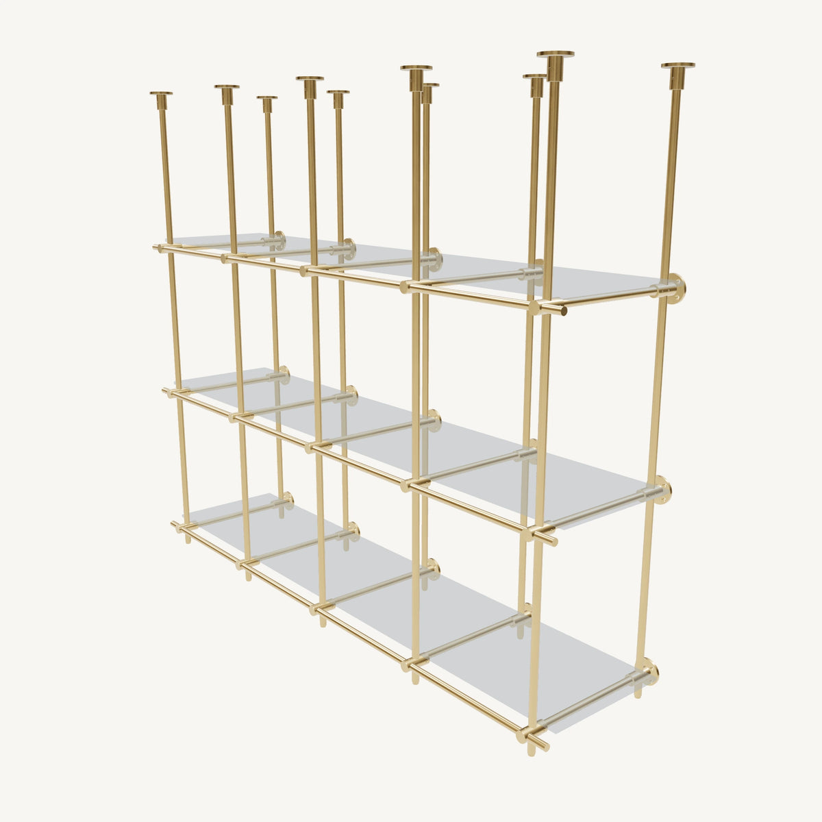 Ceiling-and-Wall Mounted Brass Shelving System