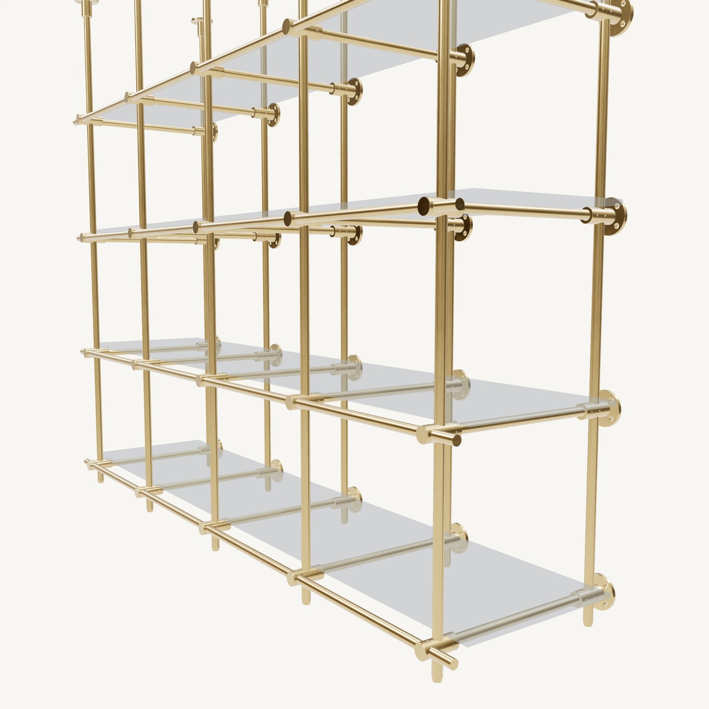 Ceiling-and-Wall Mounted Brass Shelving System