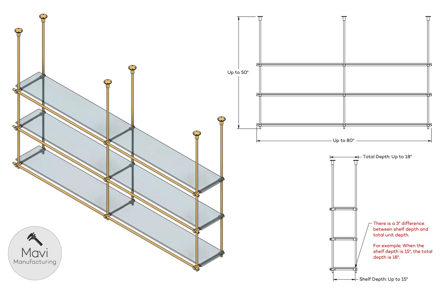 Dimensional drawing of a 3-tier, 2-bay brass ceiling-mounted shelving unit from Mavi Manufacturing, showing customizable height (up to 50”), width (up to 80”), and depth (up to 18”). Includes glass shelves and solid brass frame options in satin (brushed) or polished finish.