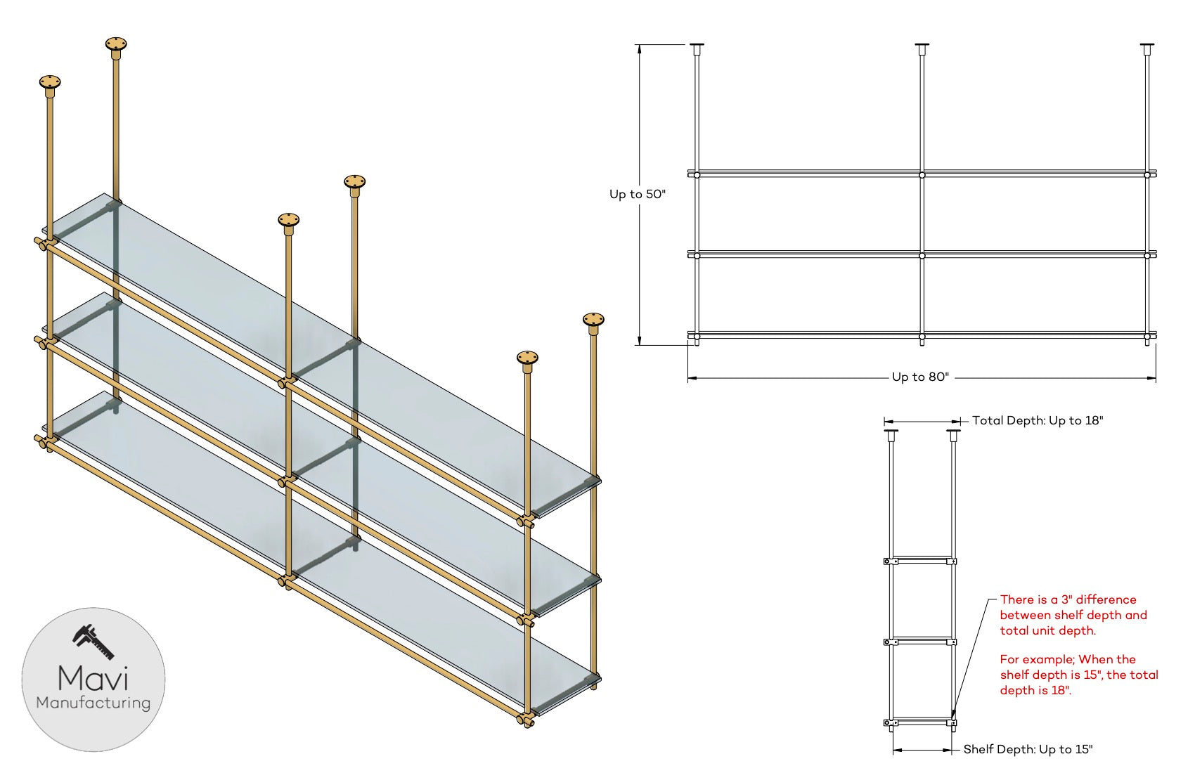 Dimensional drawing of a 3-tier, 2-bay brass ceiling-mounted shelving unit from Mavi Manufacturing, showing customizable height (up to 50”), width (up to 80”), and depth (up to 18”). Includes glass shelves and solid brass frame options in satin (brushed) or polished finish.