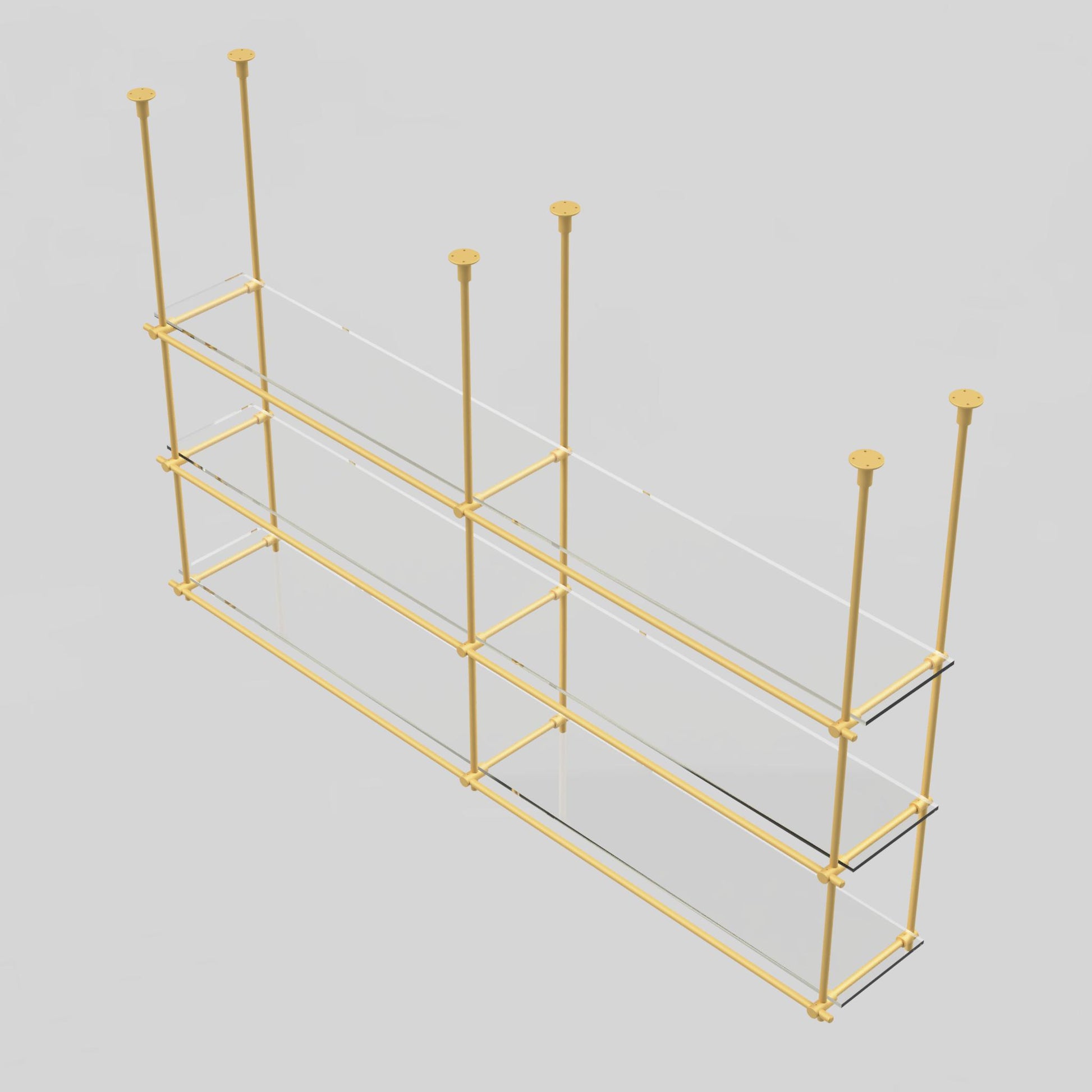 Overhead perspective of the brass ceiling-mounted shelving unit with augmented reality (AR) compatibility, allowing virtual viewing in your space.