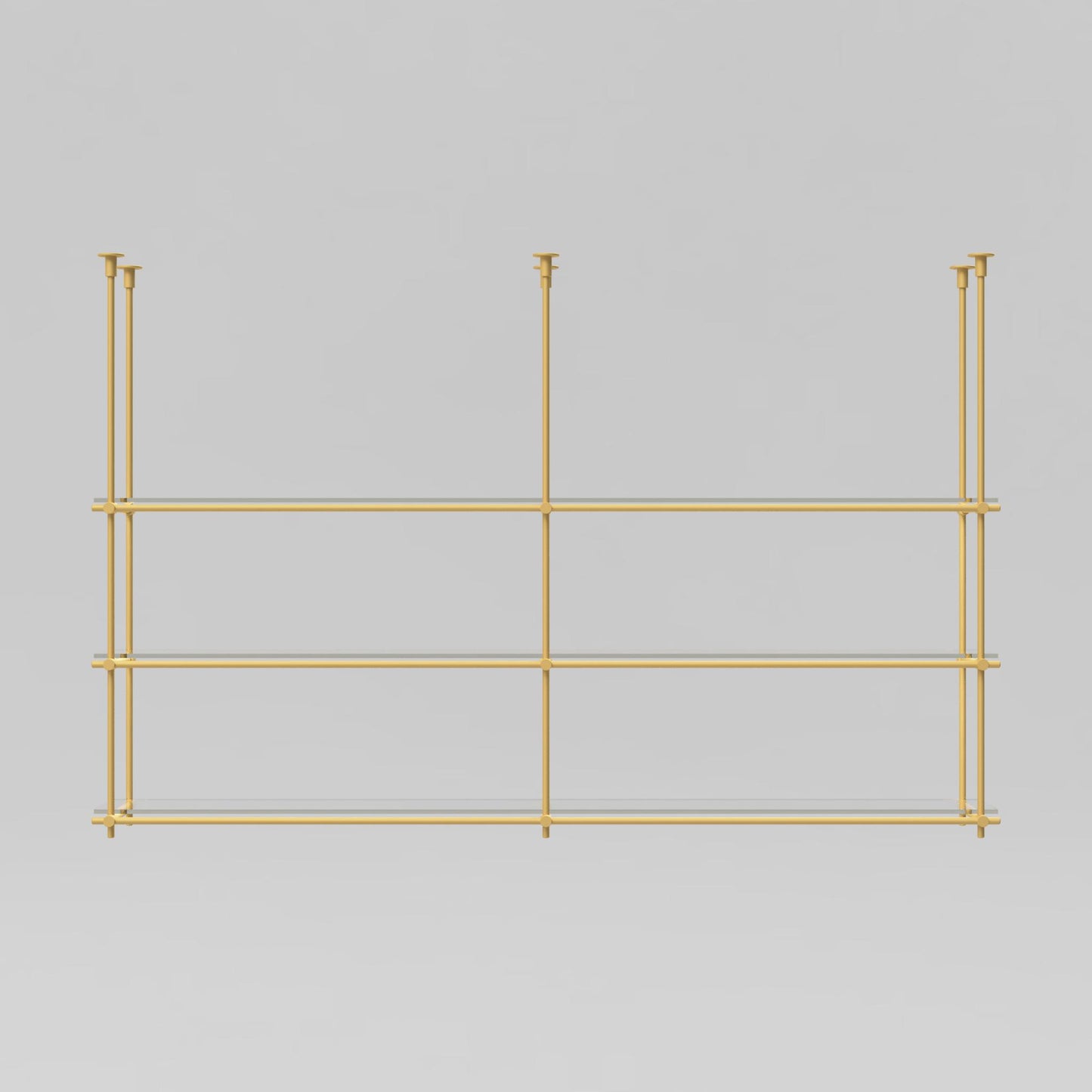 Front view of the 3-tier brass ceiling-mounted shelving unit with glass shelves, highlighting the sleek and modern design.