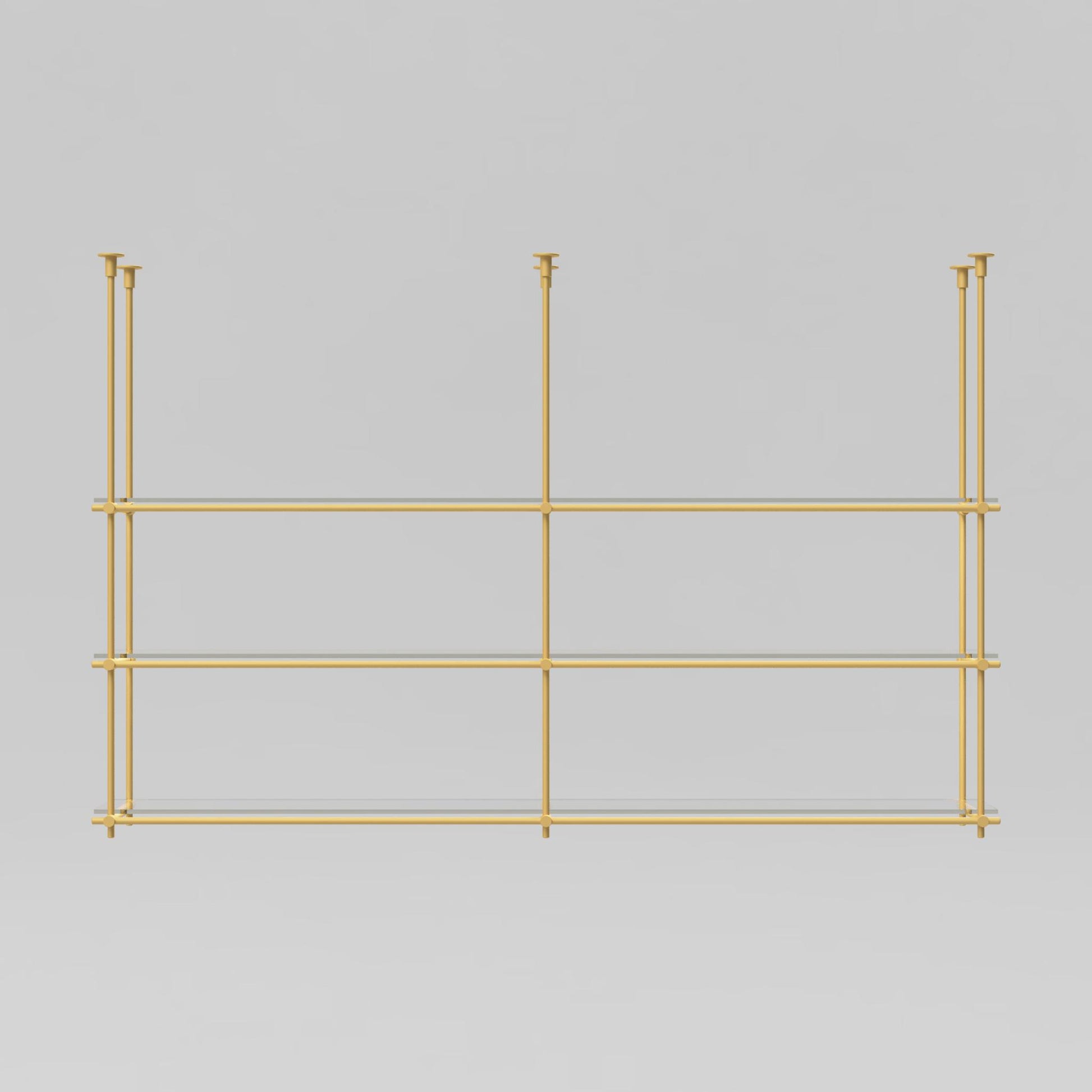 Front view of the 3-tier brass ceiling-mounted shelving unit with glass shelves, highlighting the sleek and modern design.