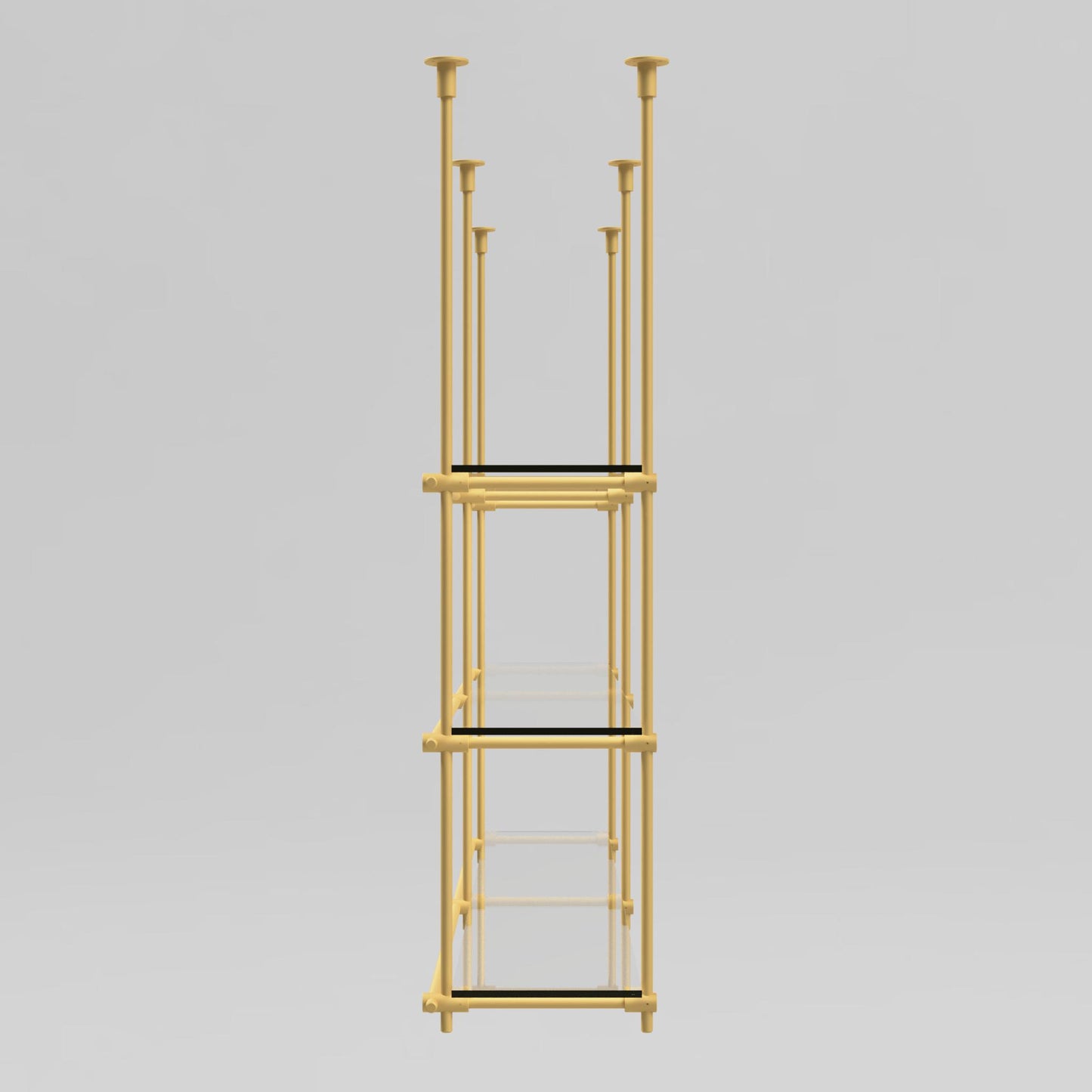 Side view of the brass ceiling-mounted shelving unit with three tiers and glass shelves, featuring solid unlacquered brass in brushed or polished finish.