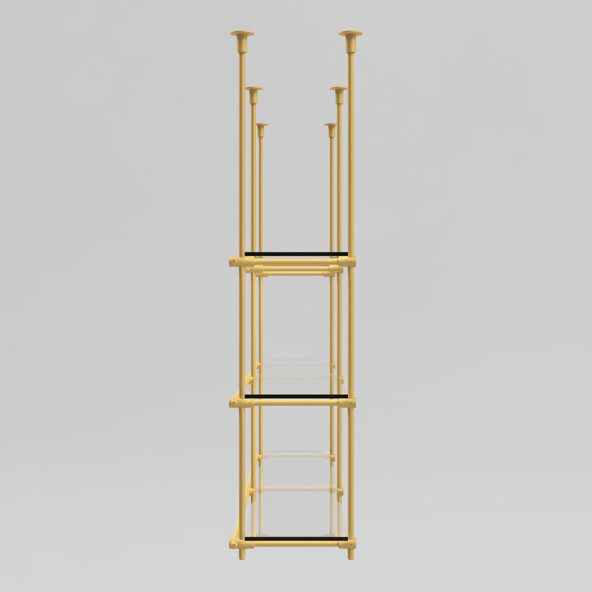 Side view of the brass ceiling-mounted shelving unit with three tiers and glass shelves, featuring solid unlacquered brass in brushed or polished finish.