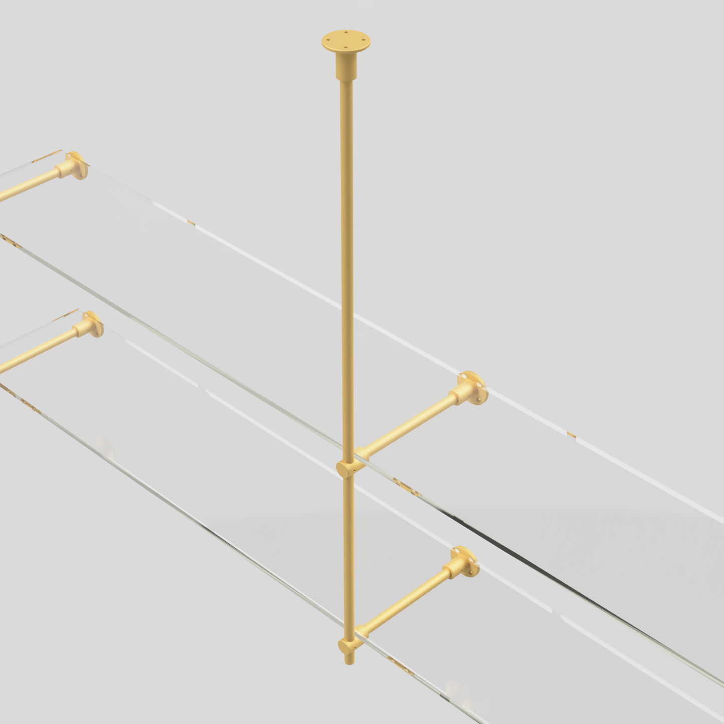 Close-up detail of the connection points on a brass shelf unit, featuring 5/8” diameter solid brass bars and glass shelves for ceiling and wall mounting.