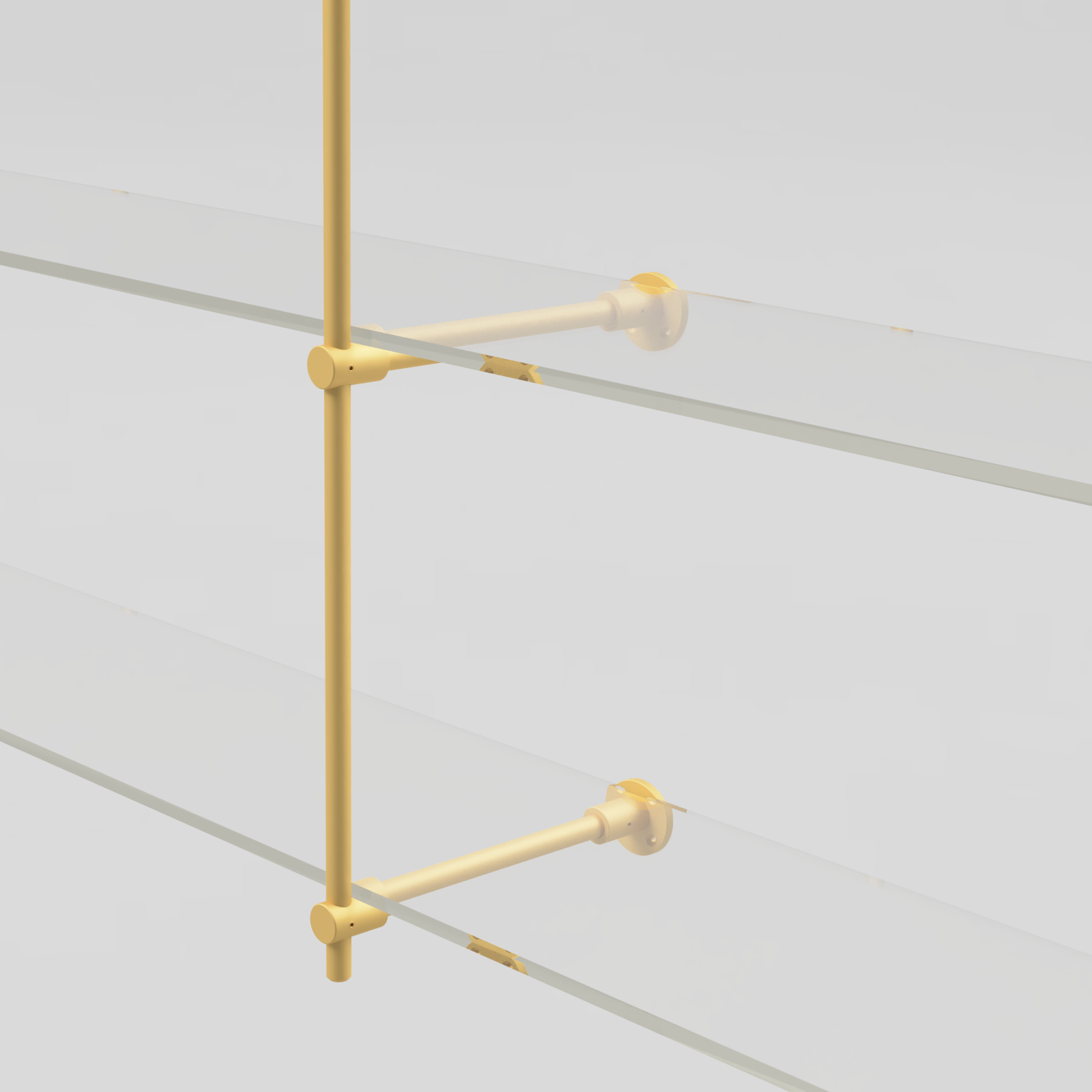 Close-up view of the 5/8” diameter brass bar connection on a 2-tier ceiling and wall-mounted shelf, showing the elegant, durable design.