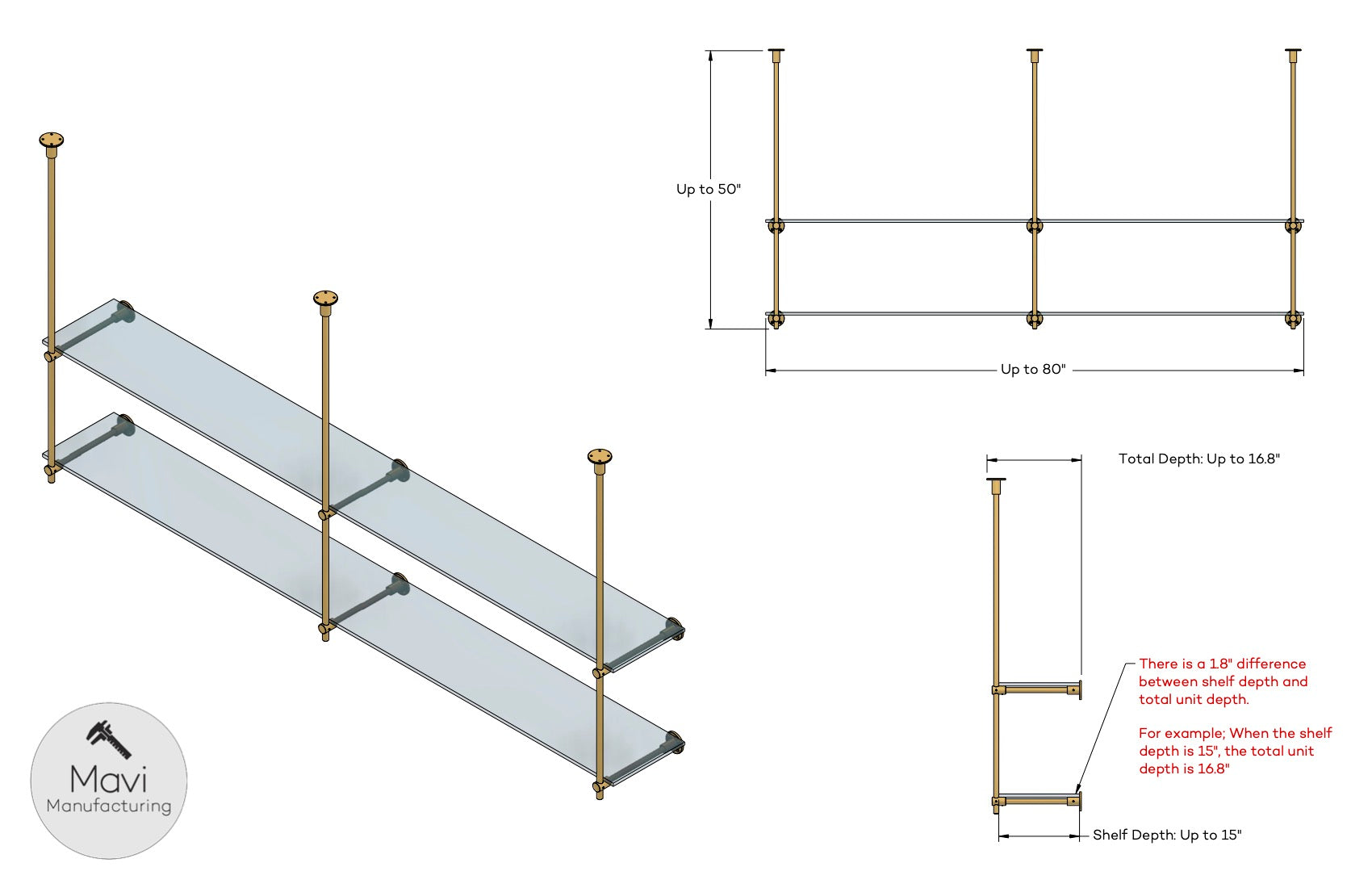 Technical drawing of a 2-tier, 2-bay brass ceiling and wall-mounted shelving unit, showing customizable dimensions up to 50” in height, 80” in width, and shelf depth up to 15”, with total unit depth of up to 16.8”.