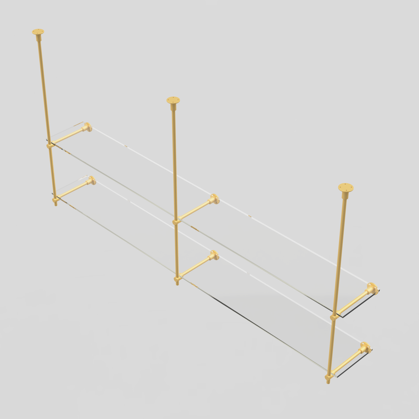 Overhead view of a 2-tier, 2-bay ceiling and wall-mounted brass shelf unit with 5/8” diameter bars, customizable in width, height, and depth.