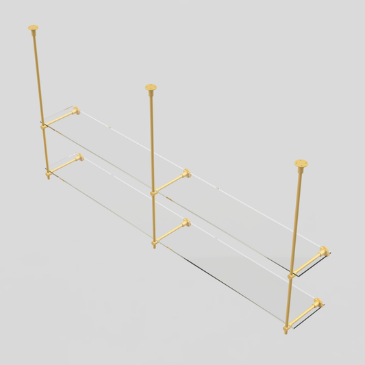 Overhead view of a 2-tier, 2-bay ceiling and wall-mounted brass shelf unit with 5/8” diameter bars, customizable in width, height, and depth.