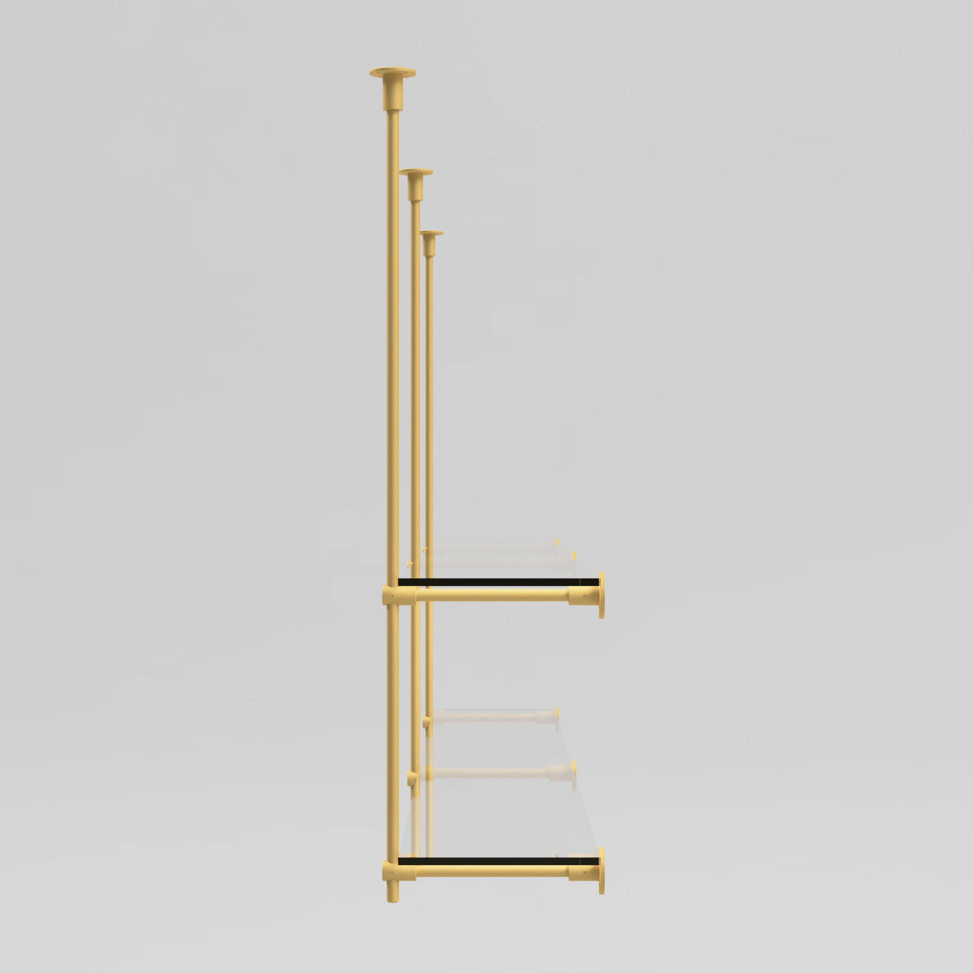 Side view of a ceiling and wall-mounted brass shelf unit with 2 tiers, solid 5/8” brass bars, and glass shelving, perfect for modern interiors.