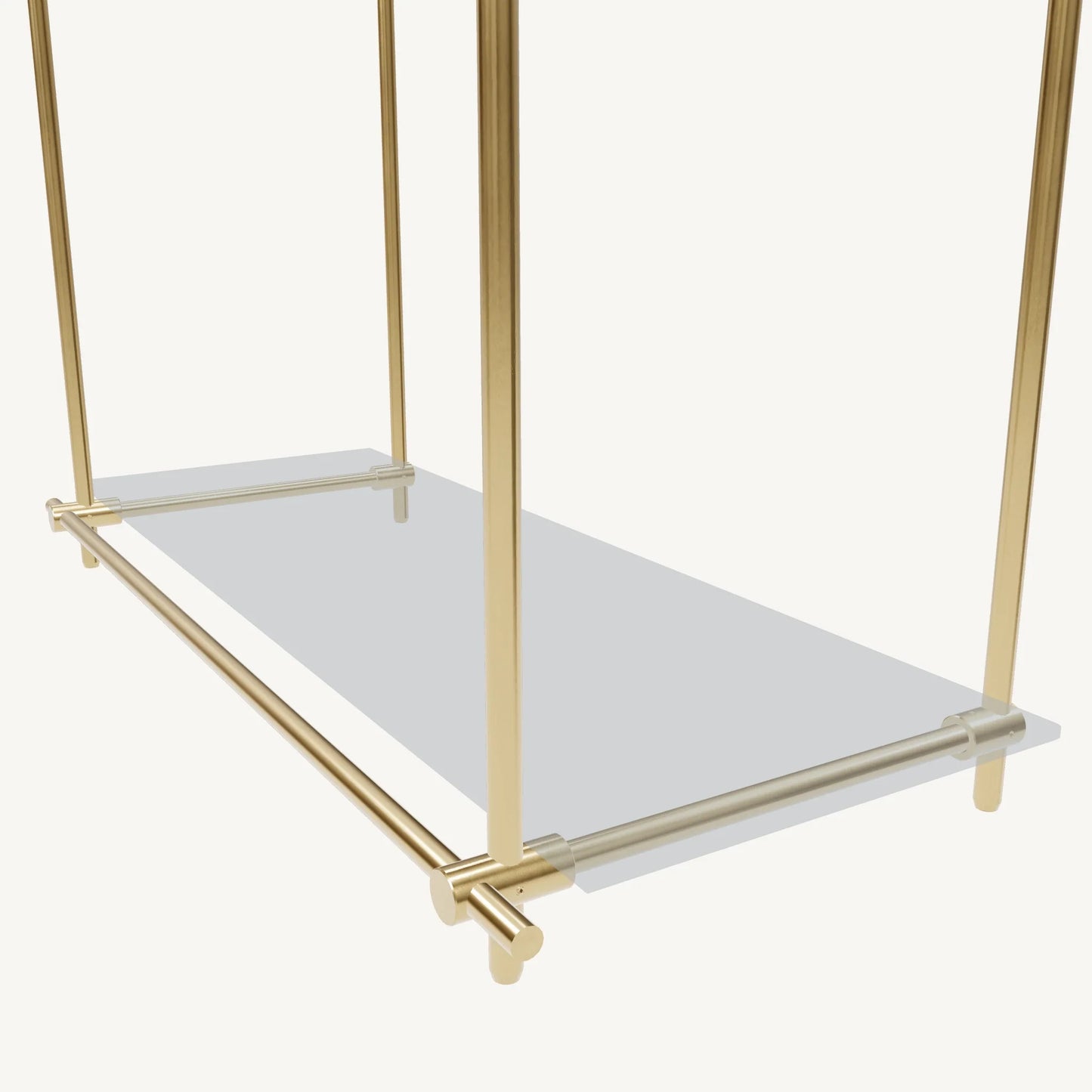 Custom ceiling-mounted solid brass shelving frame, 1 shelf 1 section, detail view, unlacquered satin brass finish, glass not included, BrassShelf