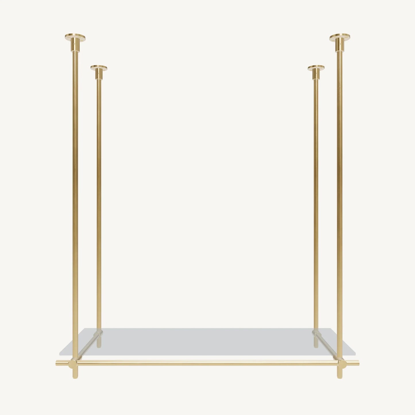 Custom ceiling-mounted solid brass shelving frame, 1 shelf 1 section, front view, unlacquered satin brass finish, glass not included, BrassShelf