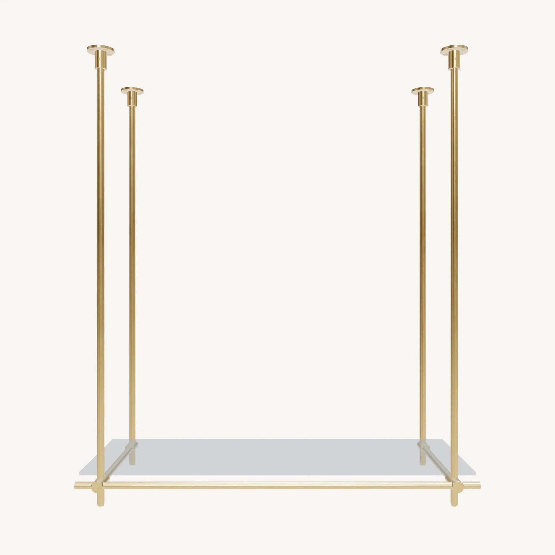 Custom ceiling-mounted solid brass shelving frame, 1 shelf 1 section, front view, unlacquered satin brass finish, glass not included, BrassShelf