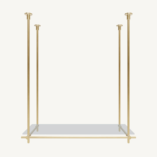 Custom ceiling-mounted solid brass shelving frame, 1 shelf, 1 section, front view, unlacquered satin brass finish, glass not included, BrassShelf