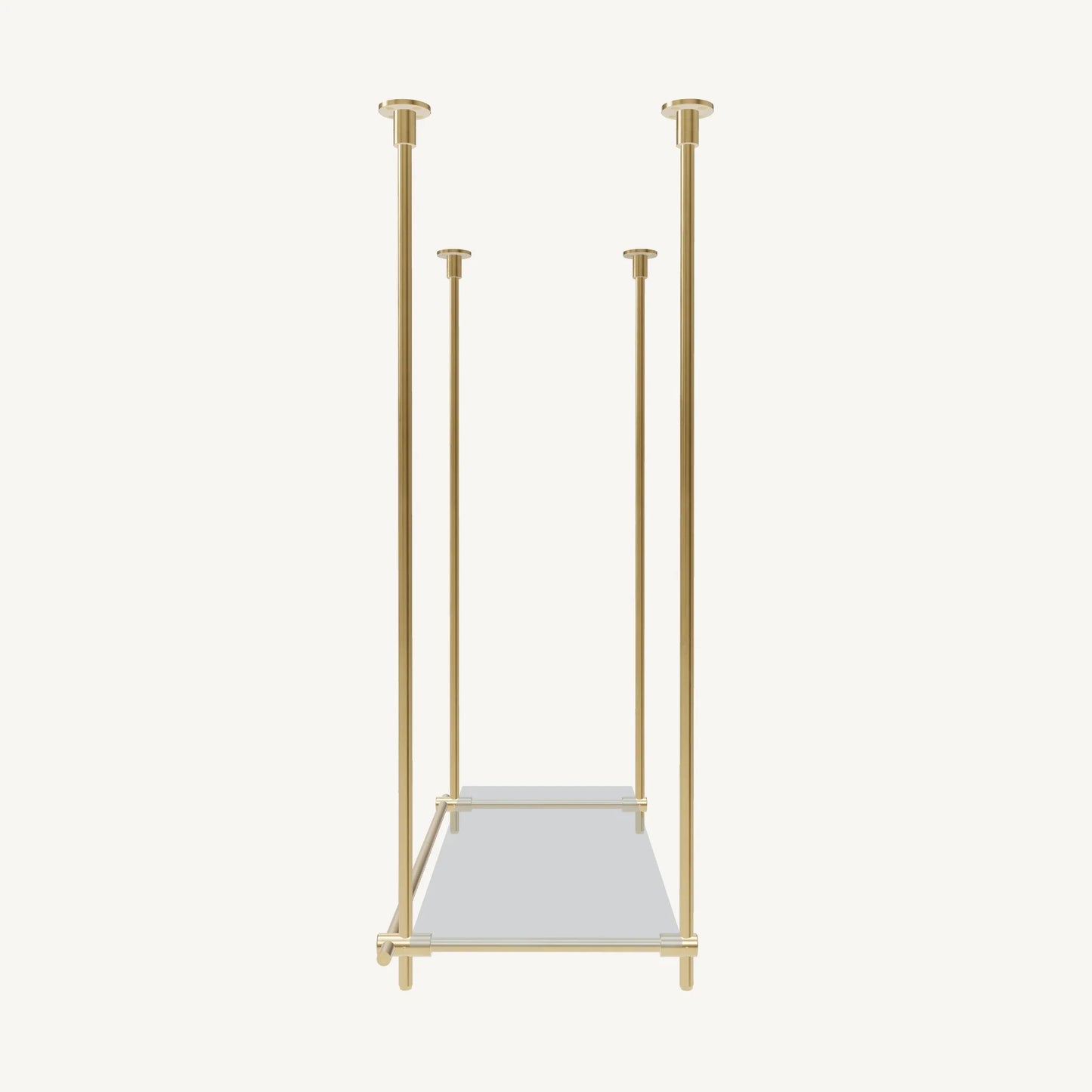 Custom ceiling-mounted solid brass shelving frame, 1 shelf 1 section, side view, unlacquered satin brass finish, glass not included, BrassShelf