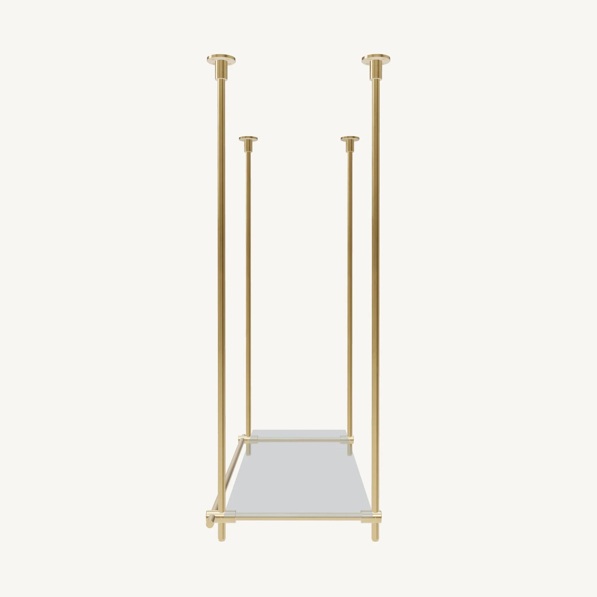 Custom ceiling-mounted solid brass shelving frame, 1 shelf 1 section, side view, unlacquered satin brass finish, glass not included, BrassShelf