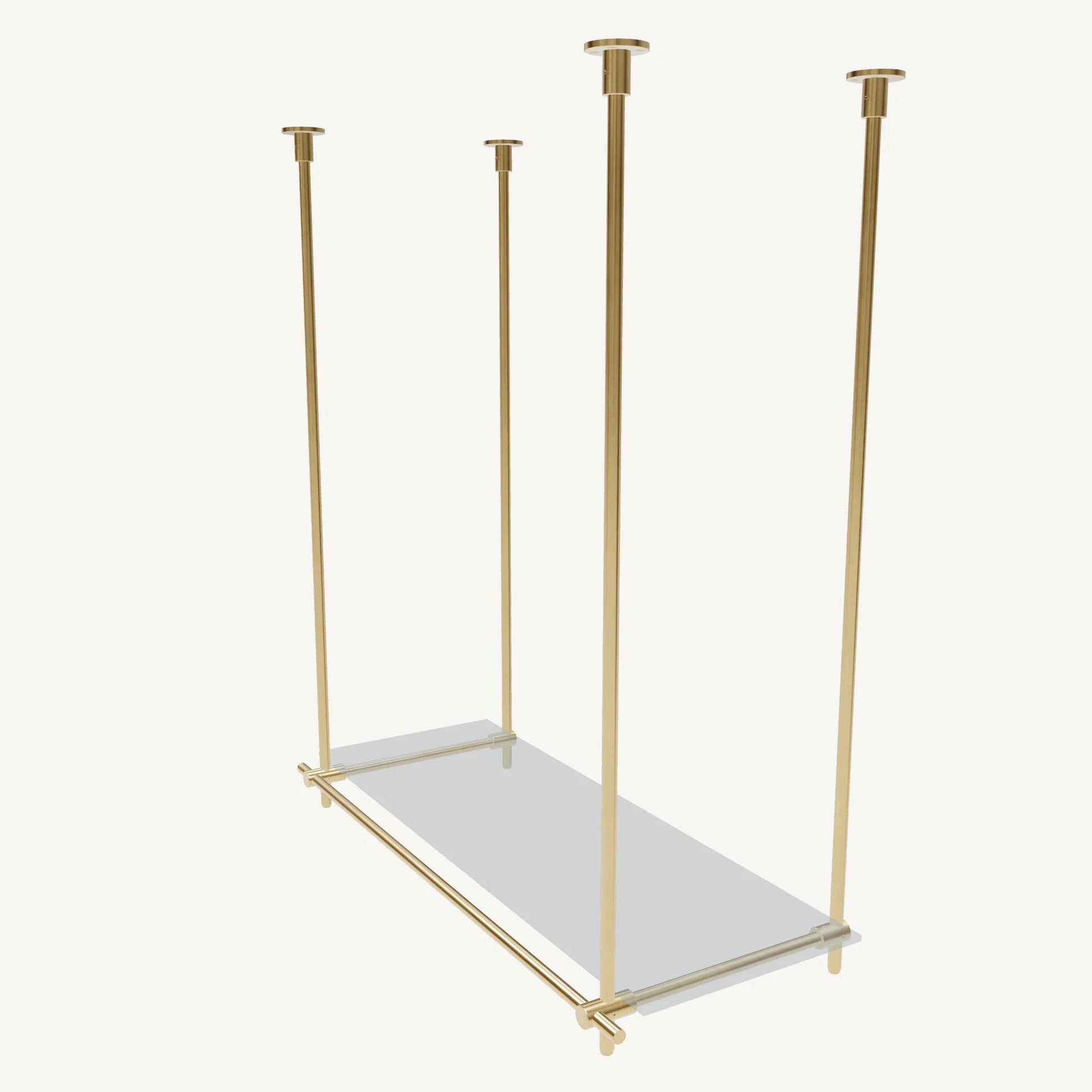 Custom ceiling-mounted solid brass shelving frame, 1 shelf 1 section, top view, unlacquered satin brass finish, glass not included, BrassShelf